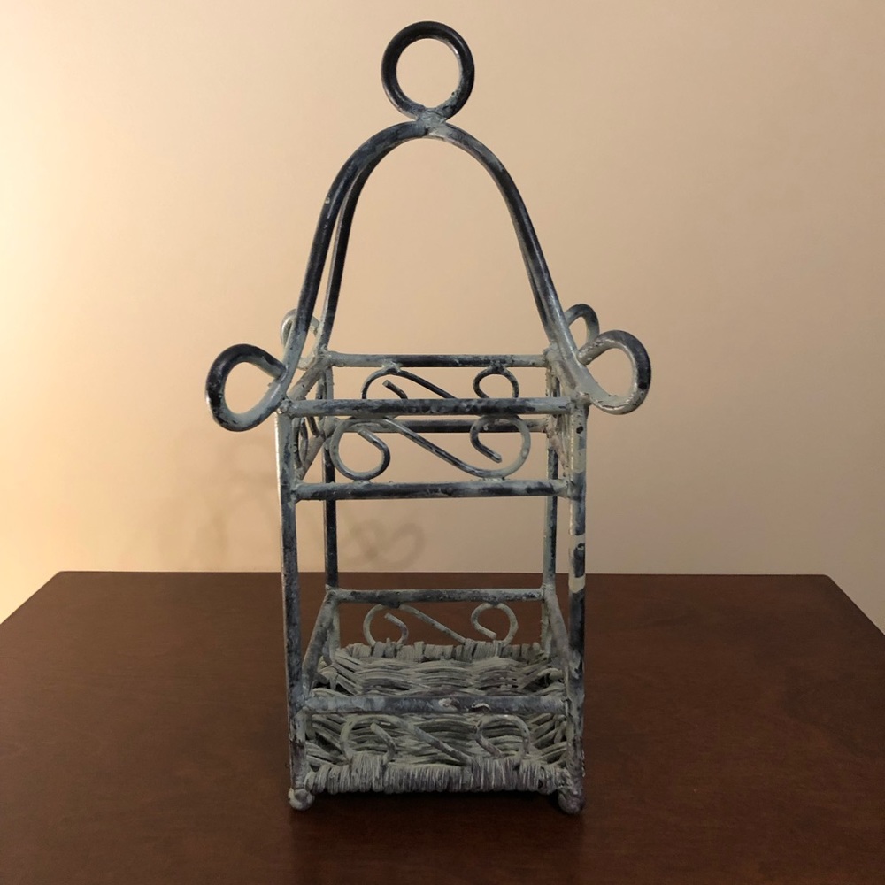 Verde Green Painted Metal & Rattan Candle Holder Great Condition